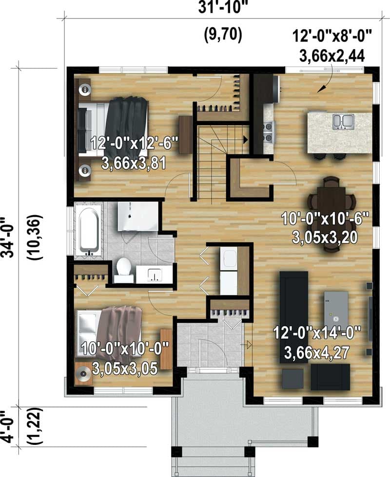 Plan 80877PM: Rustic Two Bedroom Getaway - 1025 Sq Ft - Floor Plan - Main Level - Bungalow, Mountain, Northwest, Rustic