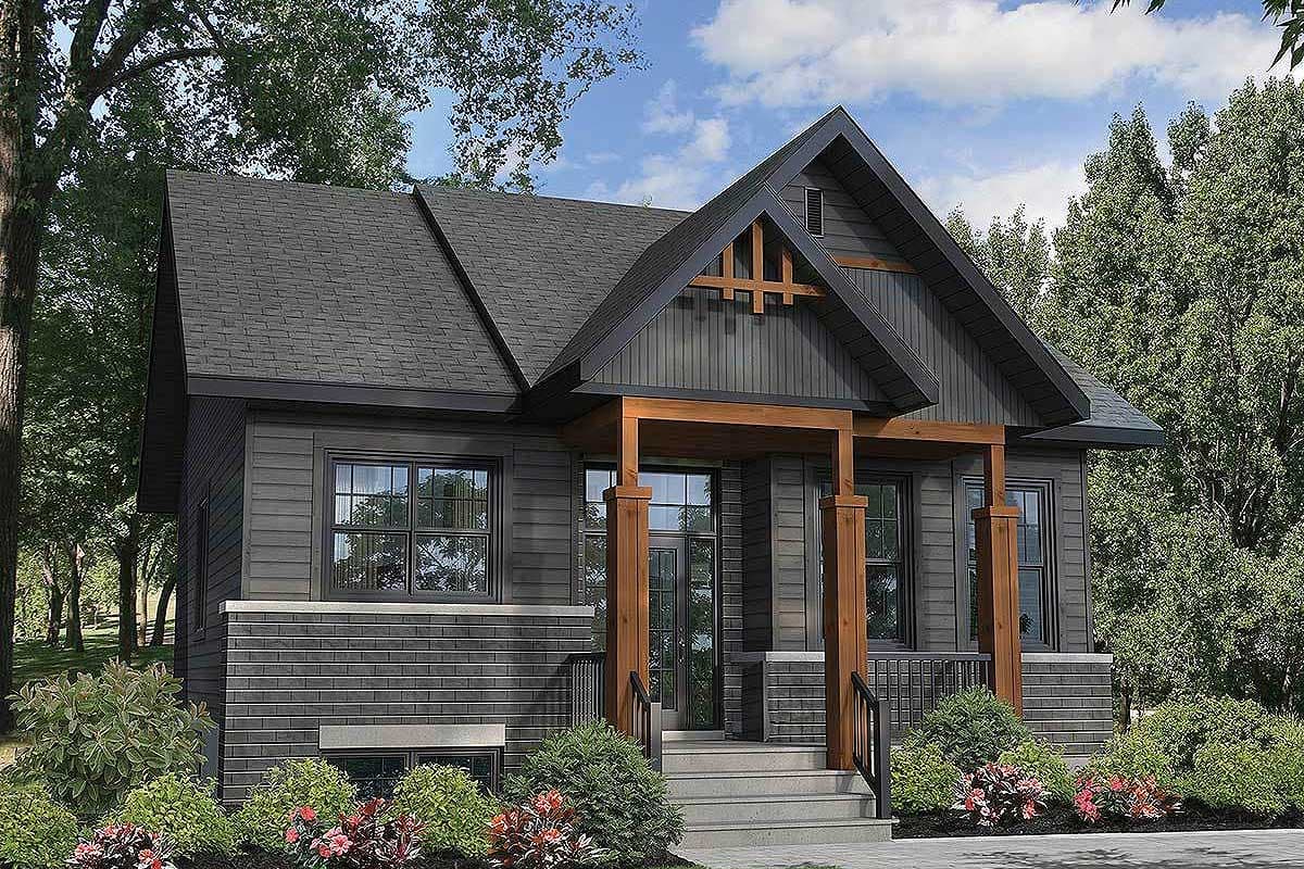 House plan exterior: Modern style, two-story with prominent gables, covered porch with wood beams, and mixed siding and brick.