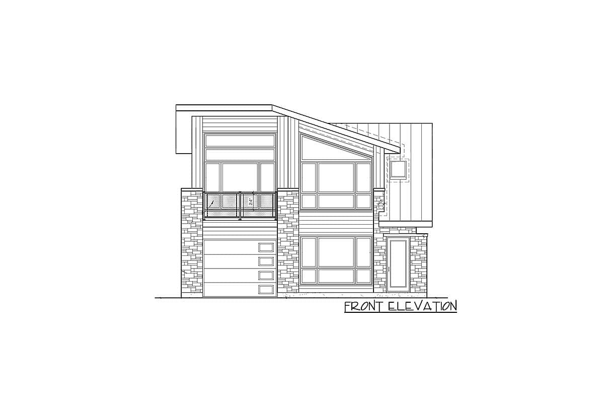 Front elevation of a modern two-story house plan with a stone base, multi-pane windows, and a slanted roof.