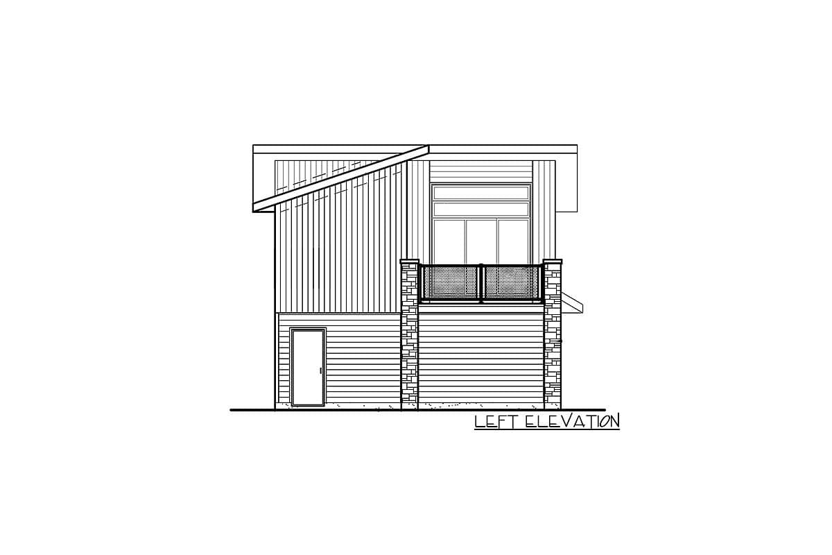 Left elevation of a house plan showing a sloped roofline, horizontal siding, a windowed balcony, and a single door.
