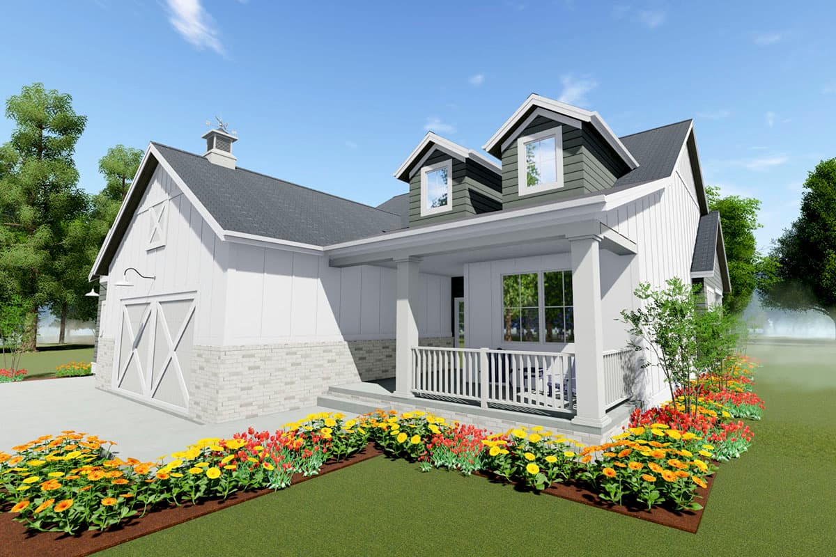 Modern farmhouse house plan exterior with gable dormers, white board and batten siding, and a covered front porch with a railing.
