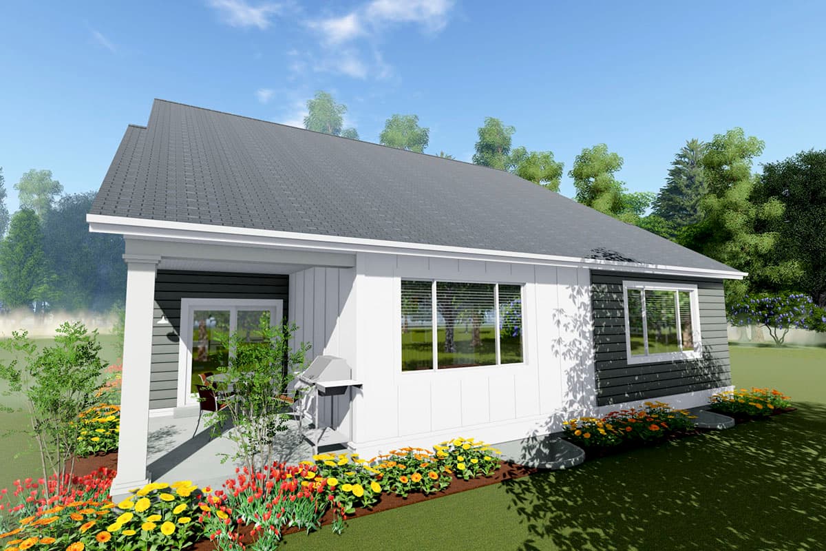 House plan exterior: Ranch-style, single-story with a covered porch, asphalt shingle roof, and mixed siding.