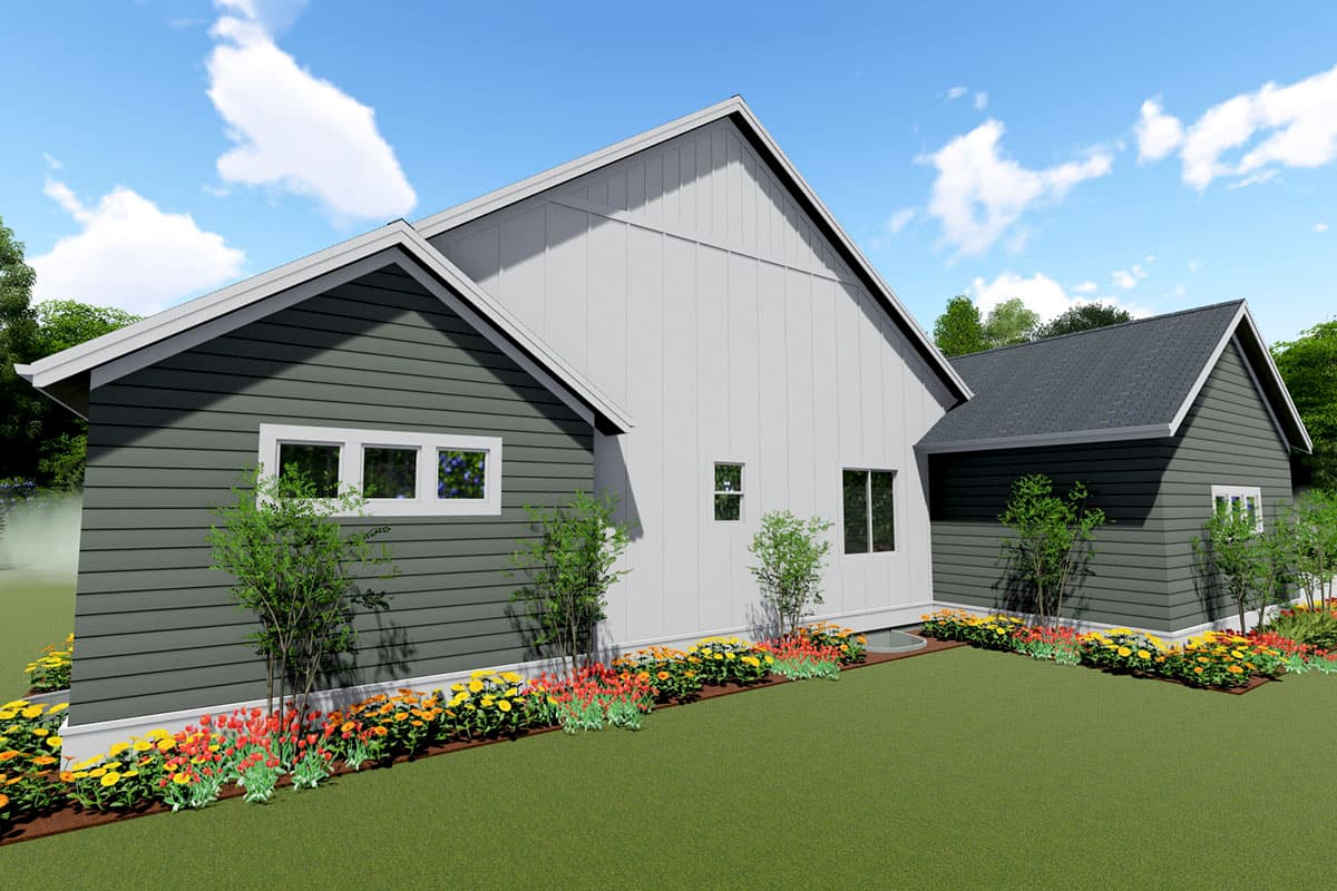House plan exterior: Modern style, one story with horizontal siding, vertical siding gable, and a dark pitched roof.