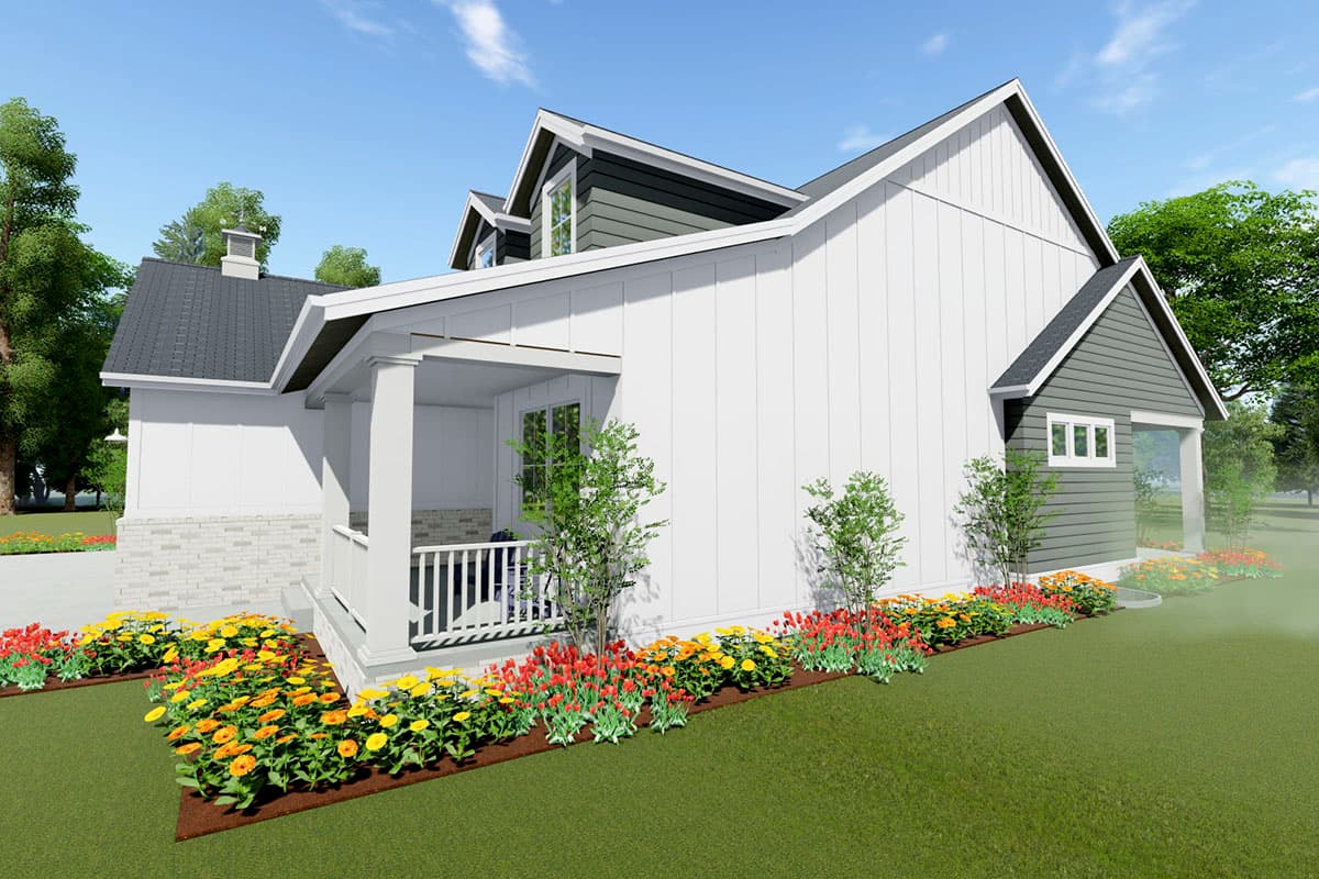 House plan exterior: Modern Farmhouse style, two stories, porch with columns, gables, and board and batten siding.