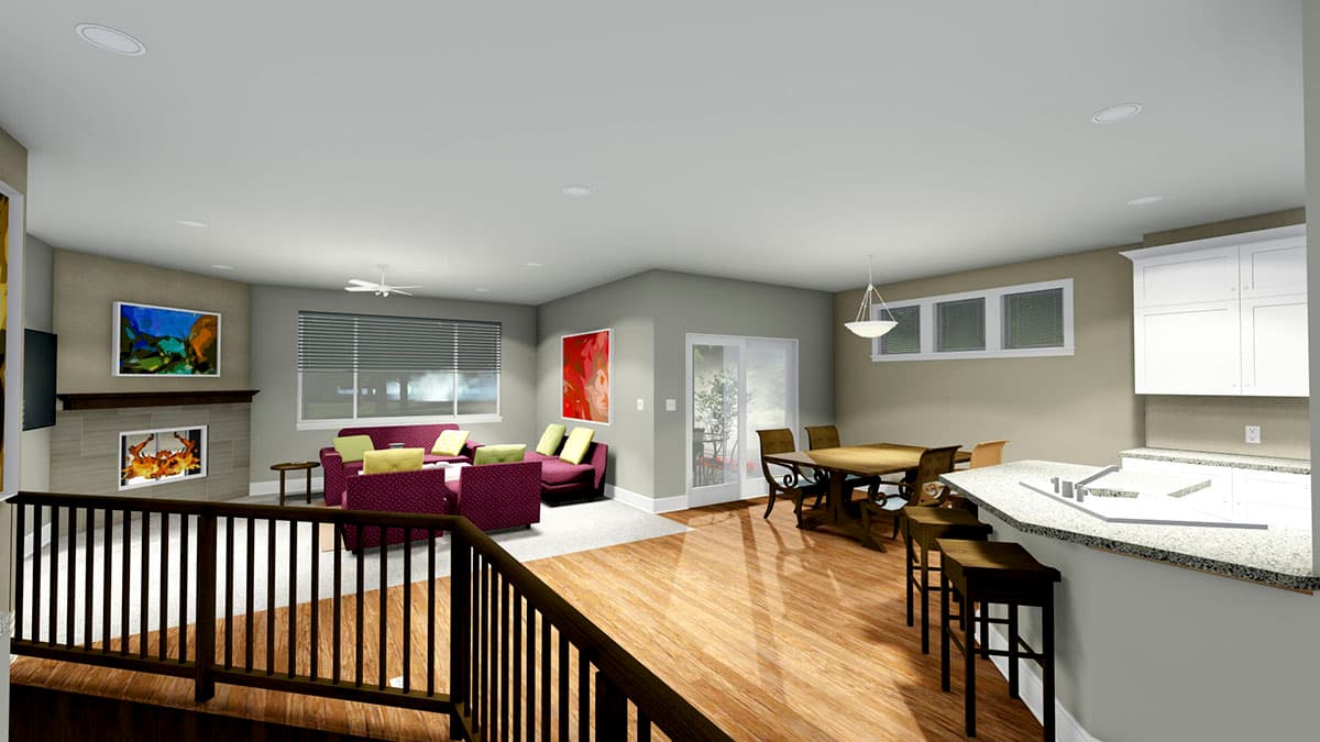 Interior rendering of a great room and kitchen with fireplace, dining table, island, and sliding glass doors.