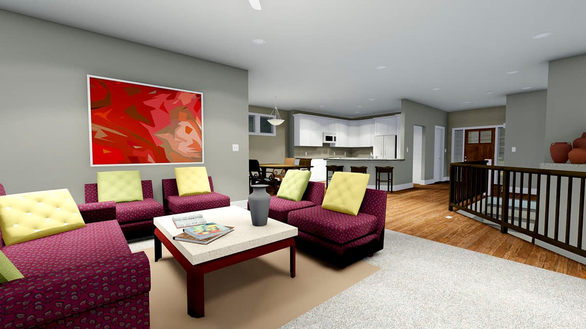 Open concept living area with kitchen, dining, and living room. Features island, sectional sofa, and wood railing.