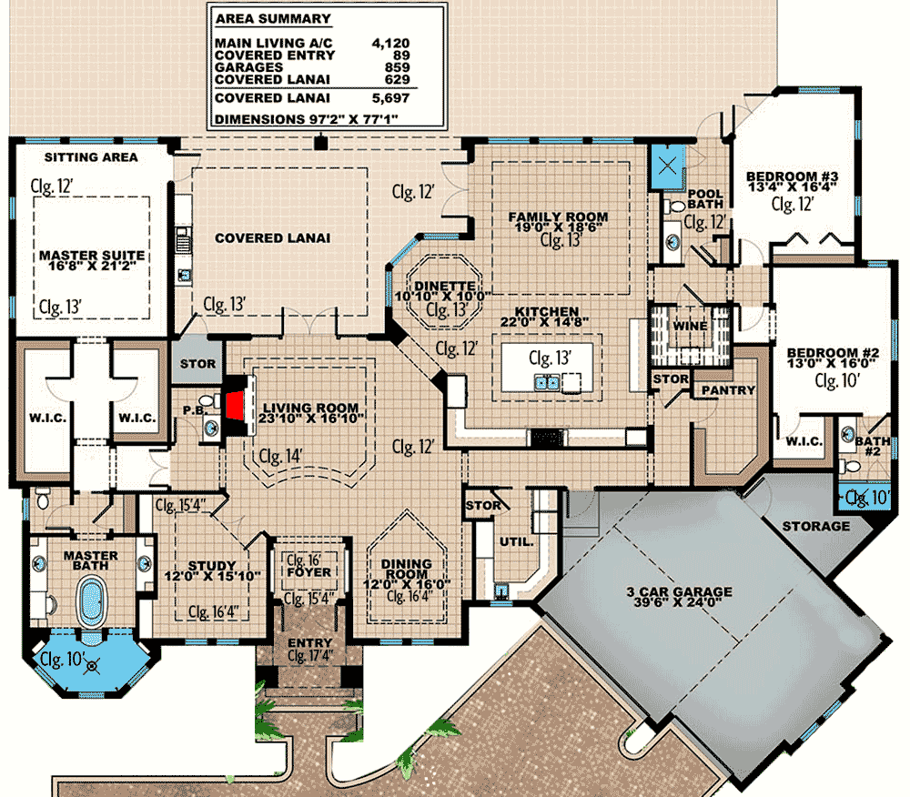 Plan 66379WE: 3 Bedroom Transitional House Plan with 3-Car Angled Garage - 4120 Sq Ft - Floor Plan - Main Level - Contemporary, Transitional