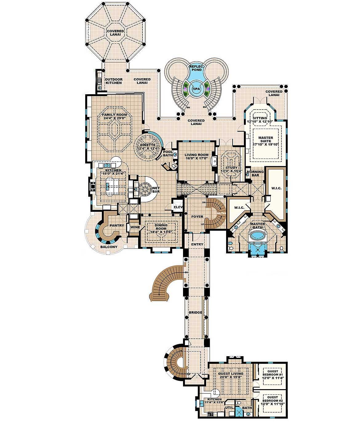 Plan 66380WE: Grand Mediterrean Estate House Plan with 2-Bedroom Apartment - 8364 Sq Ft - Floor Plan - Main Level - Coastal Contemporary, Florida-Style, Mediterranean