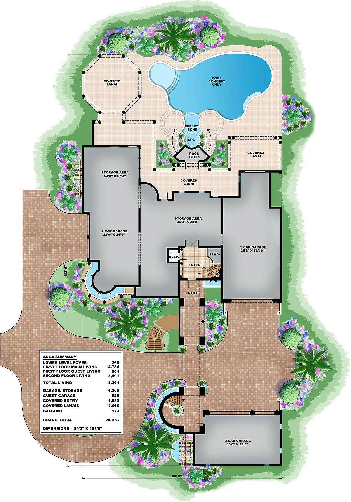 Plan 66380WE: Grand Mediterrean Estate House Plan with 2-Bedroom Apartment - 8364 Sq Ft - Floor Plan - Ground Level - Coastal Contemporary, Florida-Style, Mediterranean
