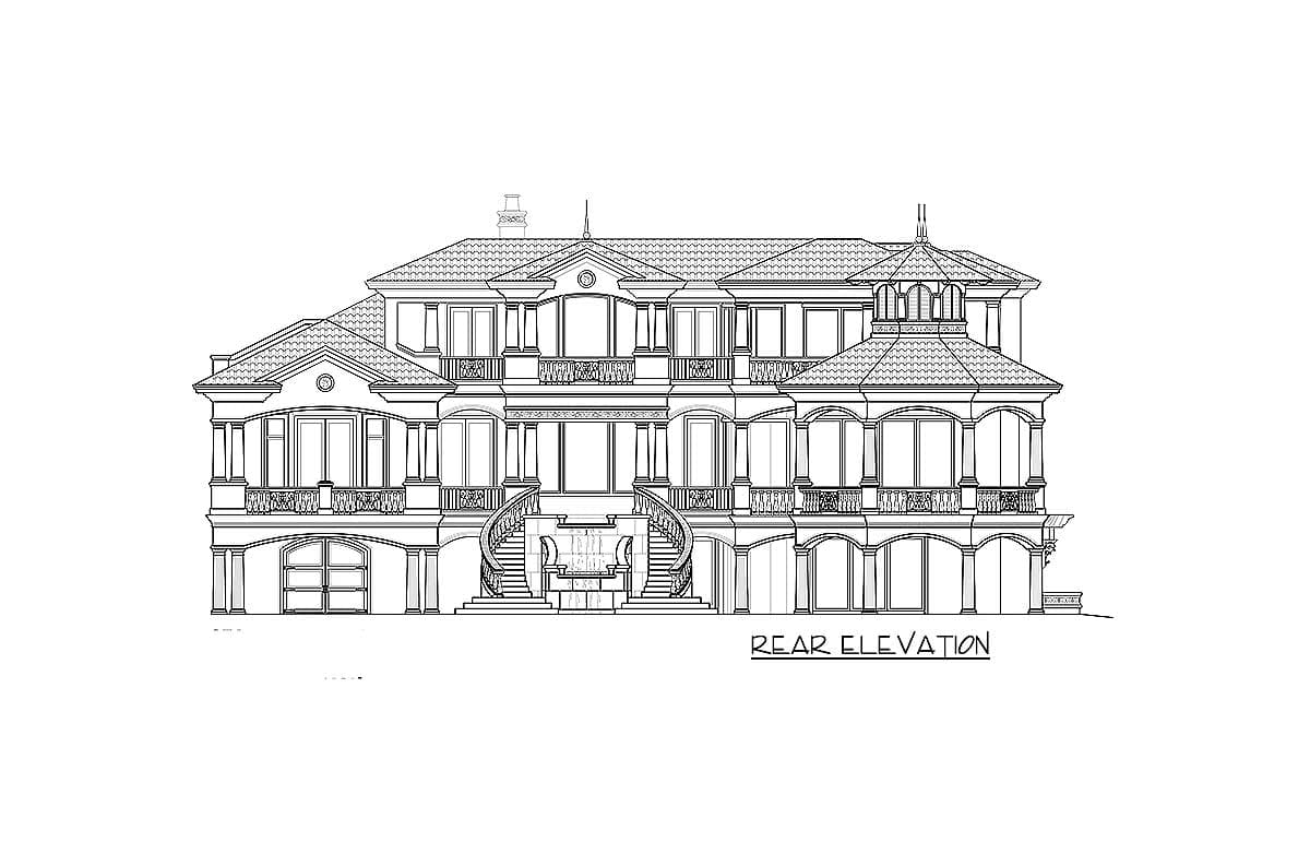 Rear elevation drawing of a multi-story house plan featuring balconies, arched windows, and a central staircase.