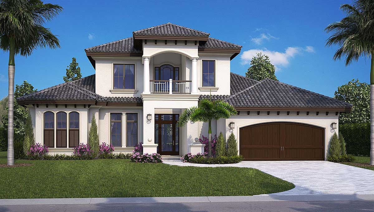 Two-story Mediterranean Revival house plan exterior with arched windows, covered balcony, and arched garage door.