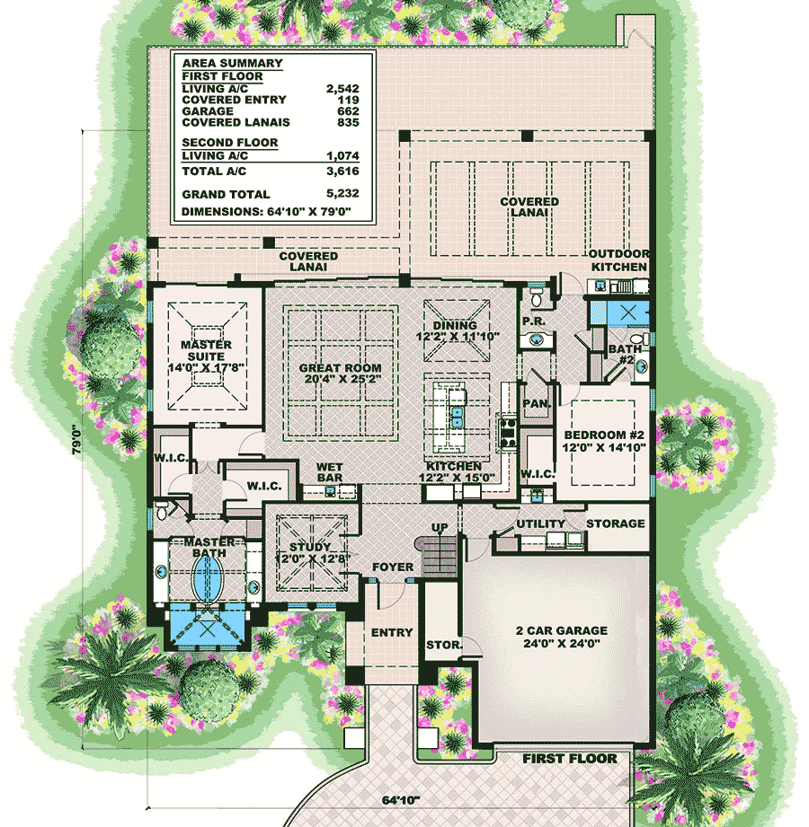 Plan 66381WE: Florida House Plan with Game Room and Loft - Floor Plan - Main Level - Florida-Style, Southern