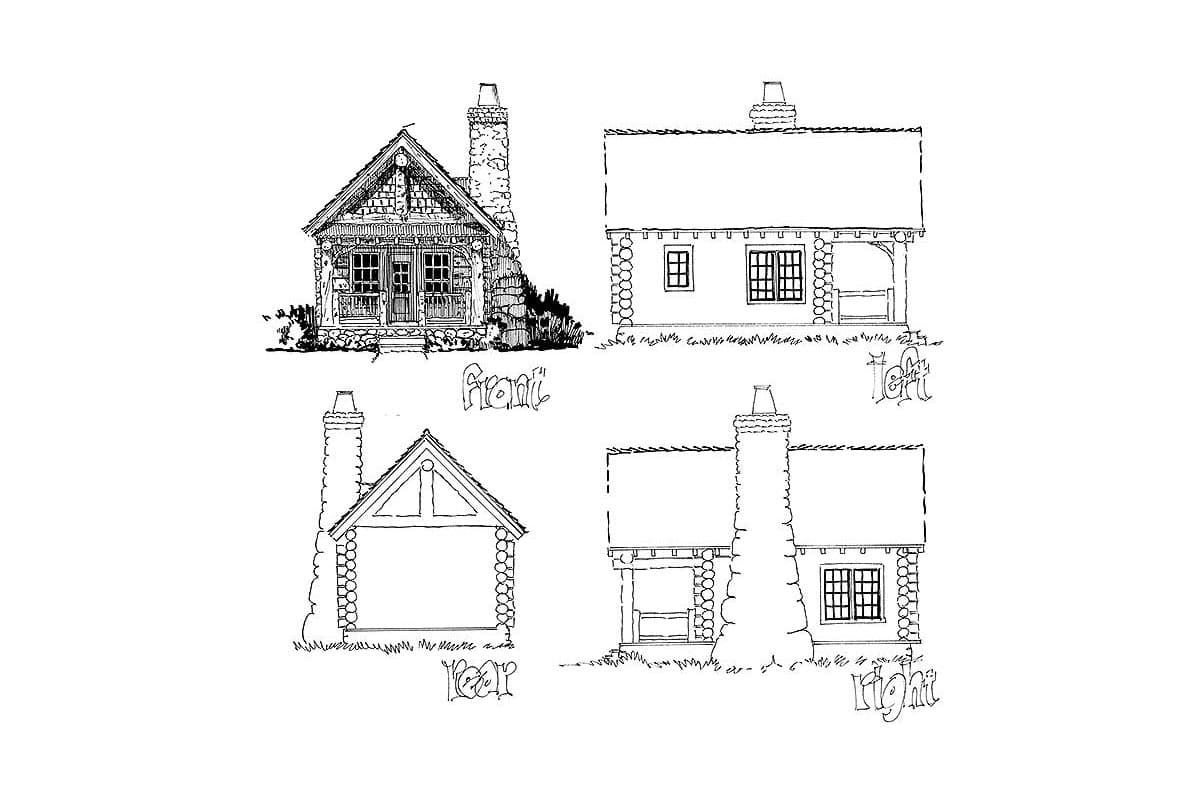 House plan elevations showing front, rear, left, and right views of a one-story cottage with a stone chimney and porch.