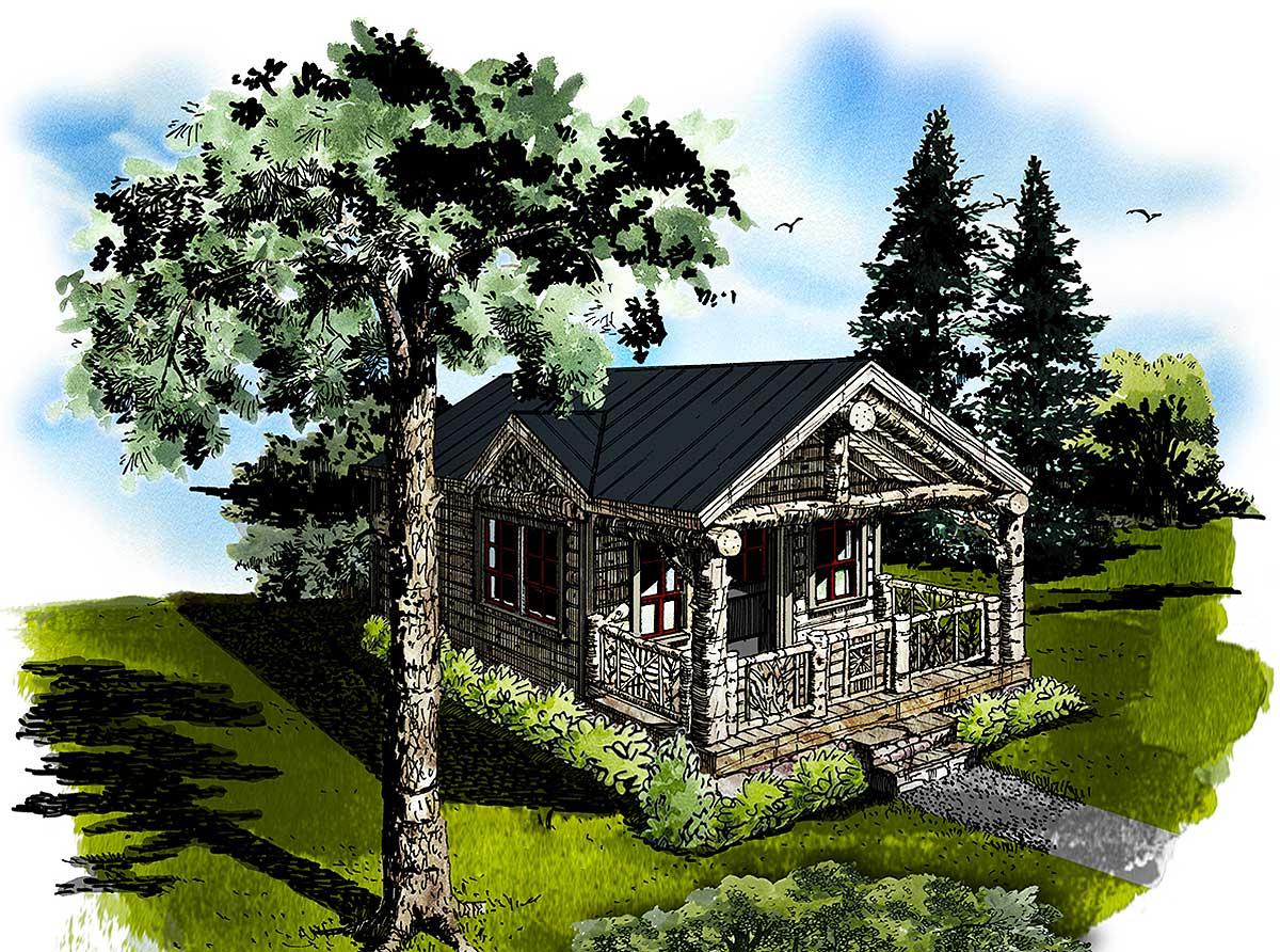 Log cabin house plan exterior, one story, with a covered front porch, gables, and dormers.