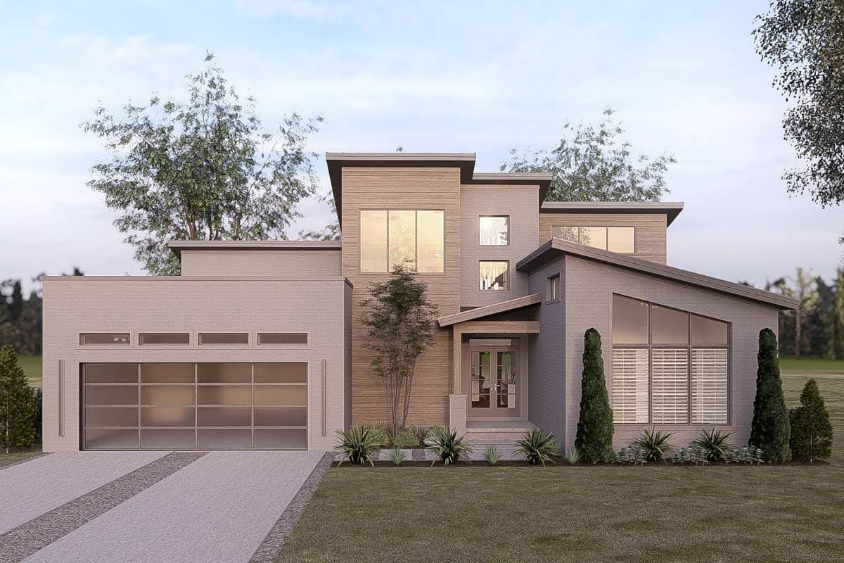 Modern house plan exterior with a two-car garage, layered rooflines, varied window styles, and wood and brick accents.