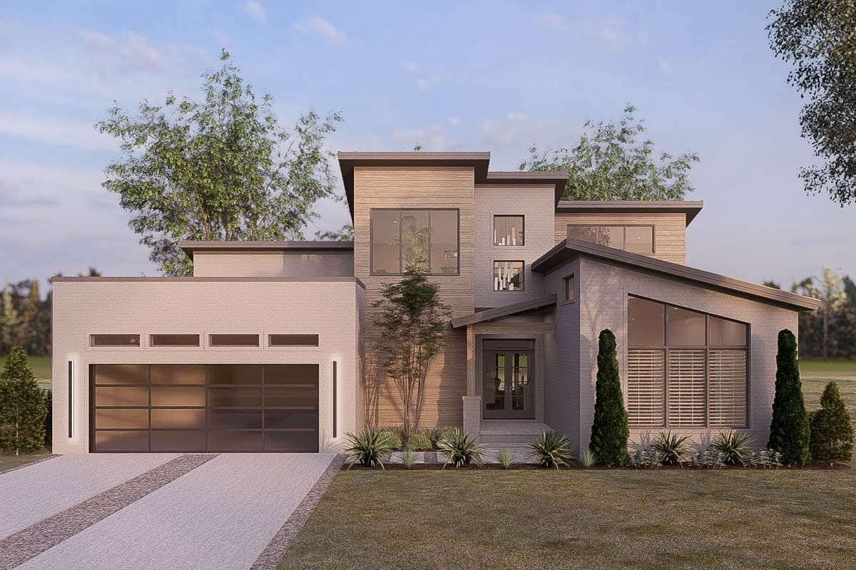 House plan exterior. Modern style, two-story home. Features include a side-entry garage, large windows, and multiple rooflines with different pitches.