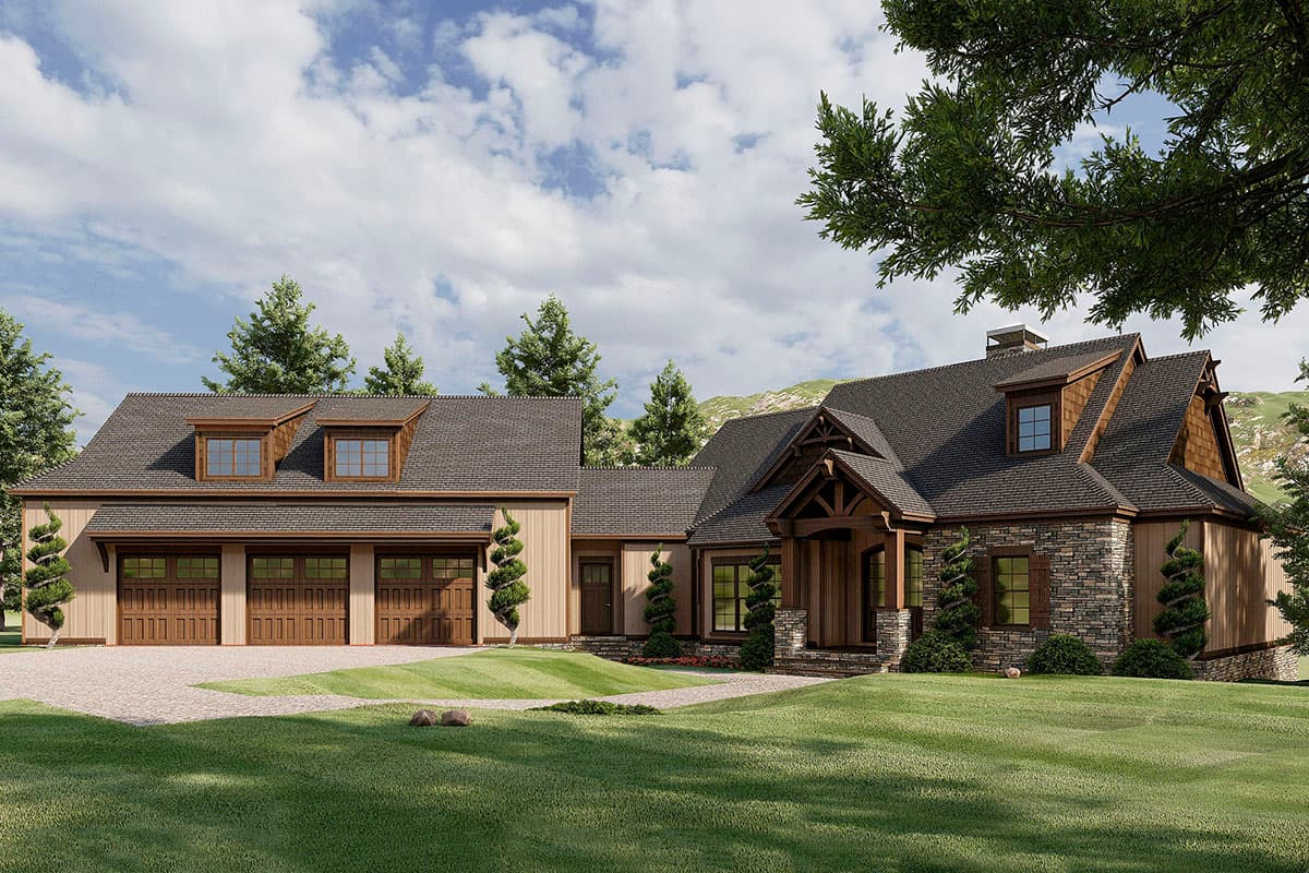 House plan exterior. Two-story Craftsman home with a stone facade, gable roof, dormers, and a three-car garage. Porch with exposed timber framing.