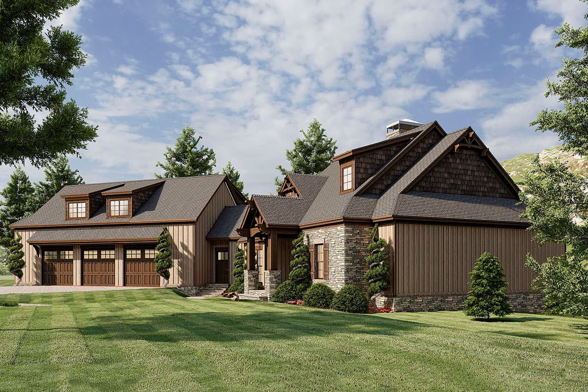 House plan exterior: Modern Rustic style with a prominent three-car garage, dormers, stone accents, and wood siding.