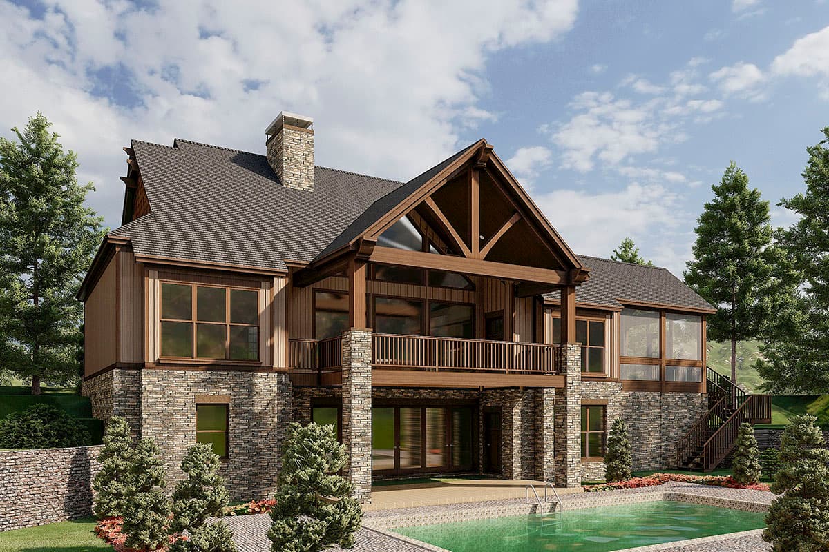 House plan exterior rendering of a multi-story home with stone and wood siding, large gables, and a covered balcony overlooking a pool.