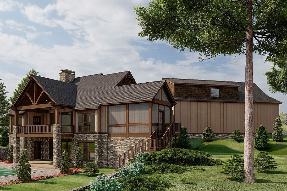 House plan exterior with stone and wood siding, multiple gables, balconies, and a screened porch.