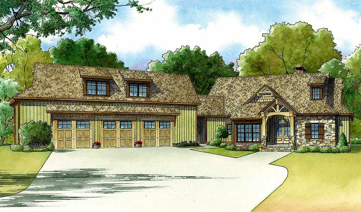 House plan exterior: Lodge-style home with three-car garage, stone accents, large front porch, and dormer windows.