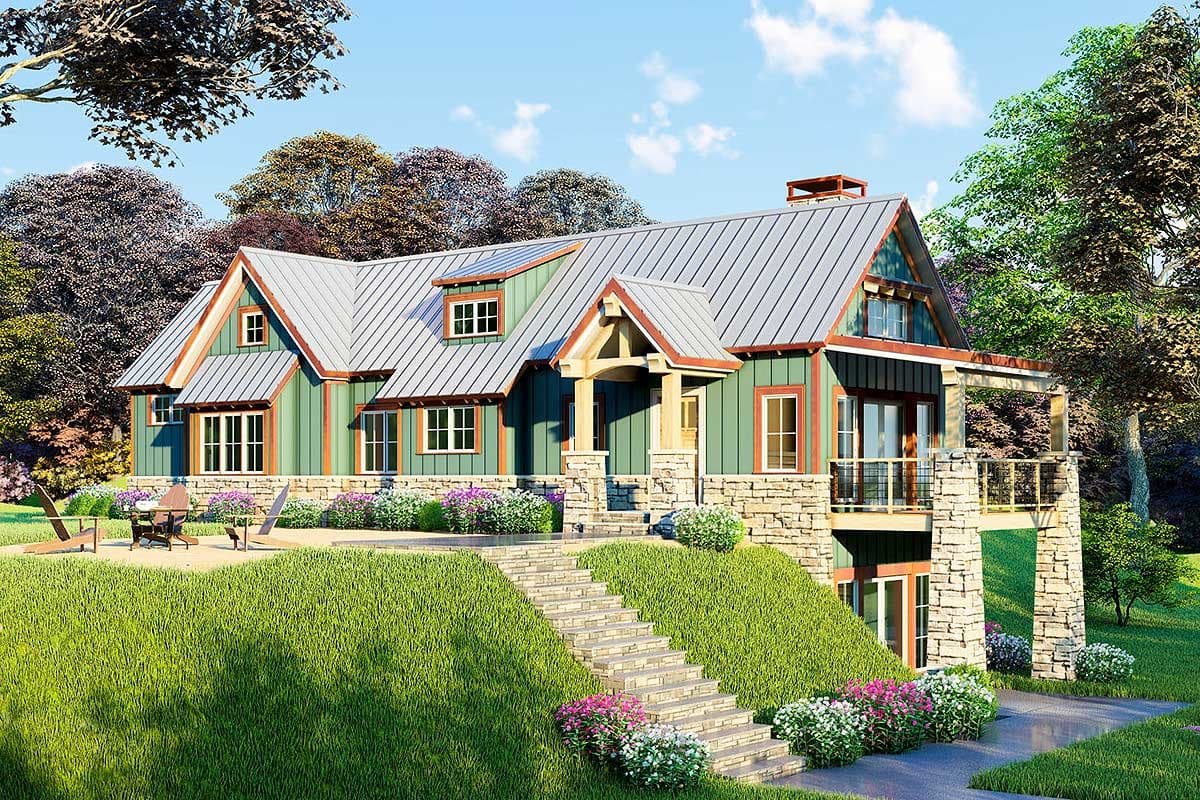 House plan exterior. Two-story Modern style with metal roof. Features include stone accents, covered porch, and multiple dormers.