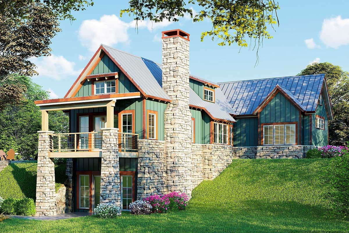 House plan exterior: Two-story Modern Farmhouse with metal roof, stone foundation, and covered porch.