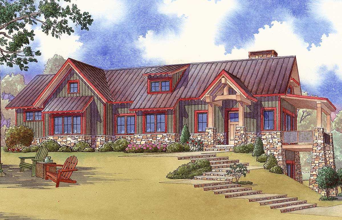 House plan exterior of a two-story Modern Farmhouse with stone accents, metal roof, prominent gables, dormers, and covered porch.