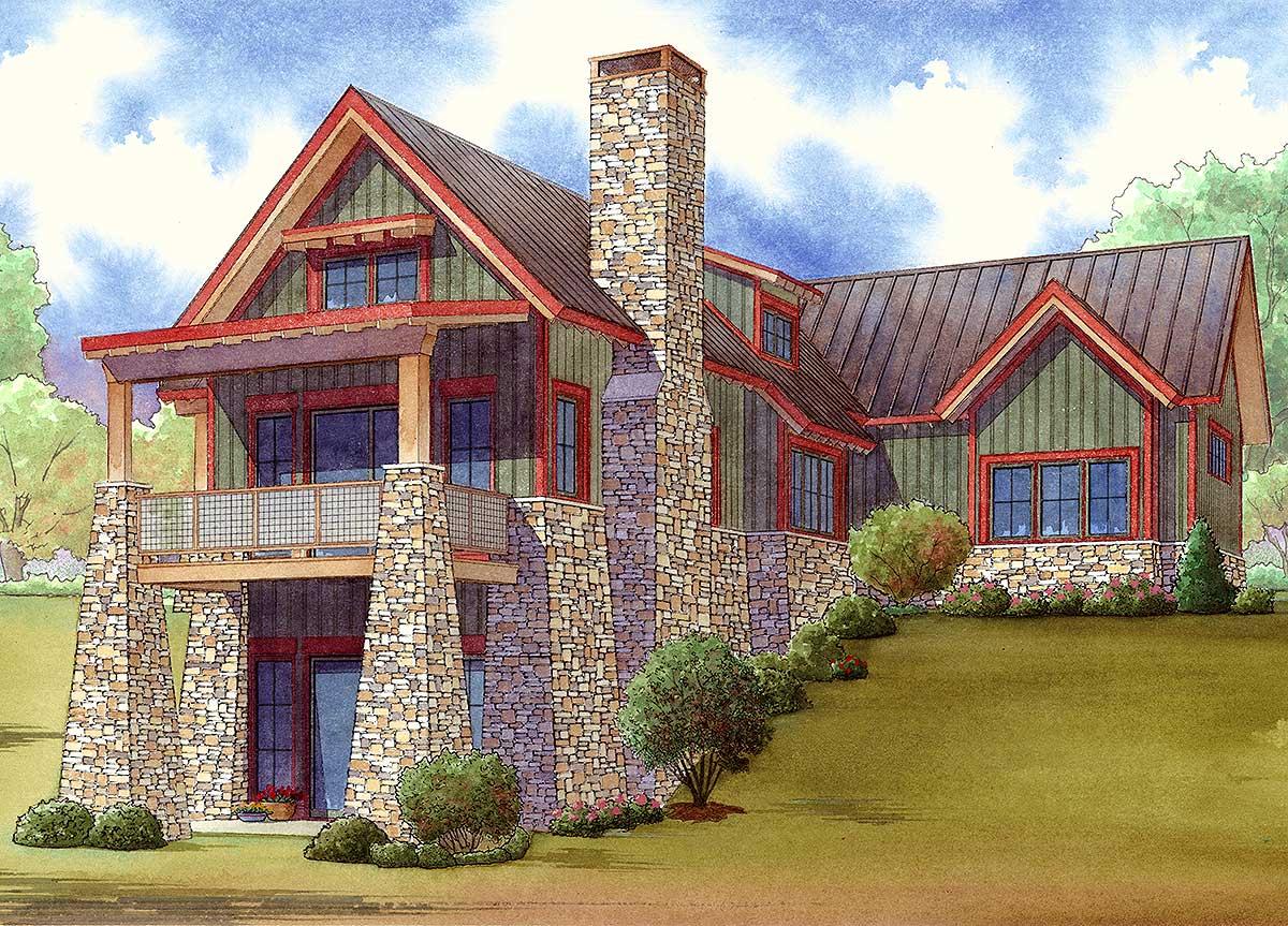 House plan exterior shows a multi-story Modern Farmhouse with stone foundation, metal roof, gables, and a prominent stone chimney.