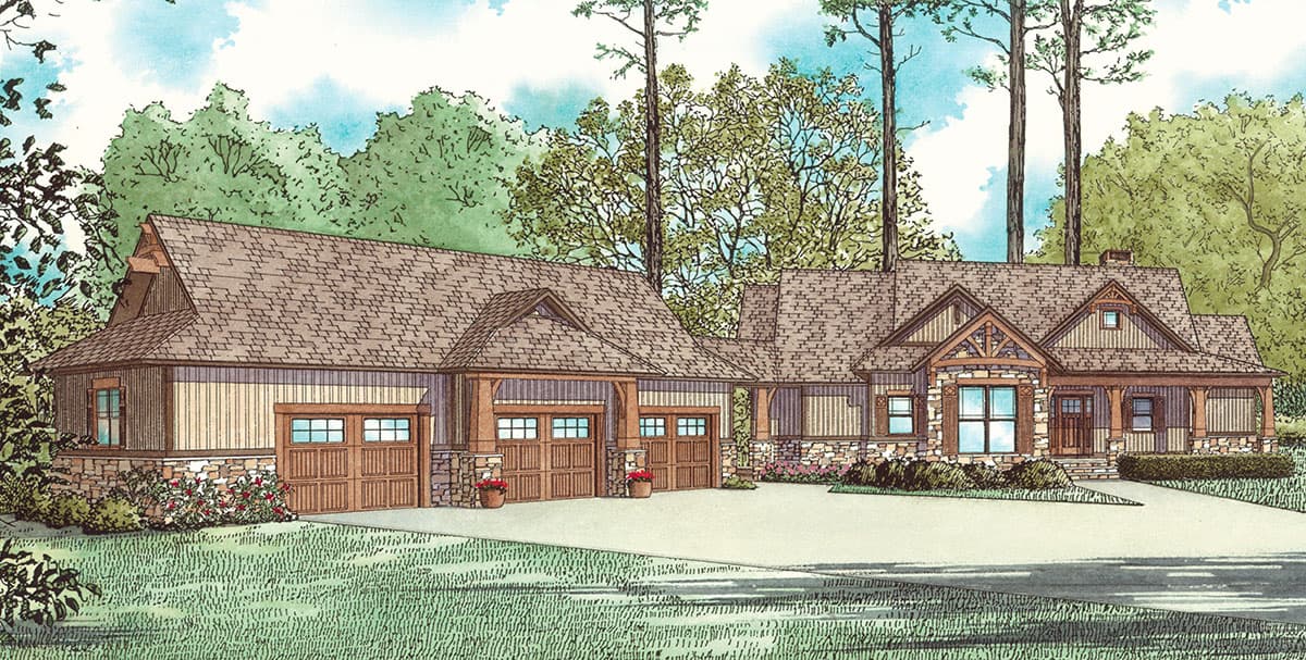 House plan exterior featuring a 3-car garage, covered entry porch, stone and wood siding, and multiple gables.
