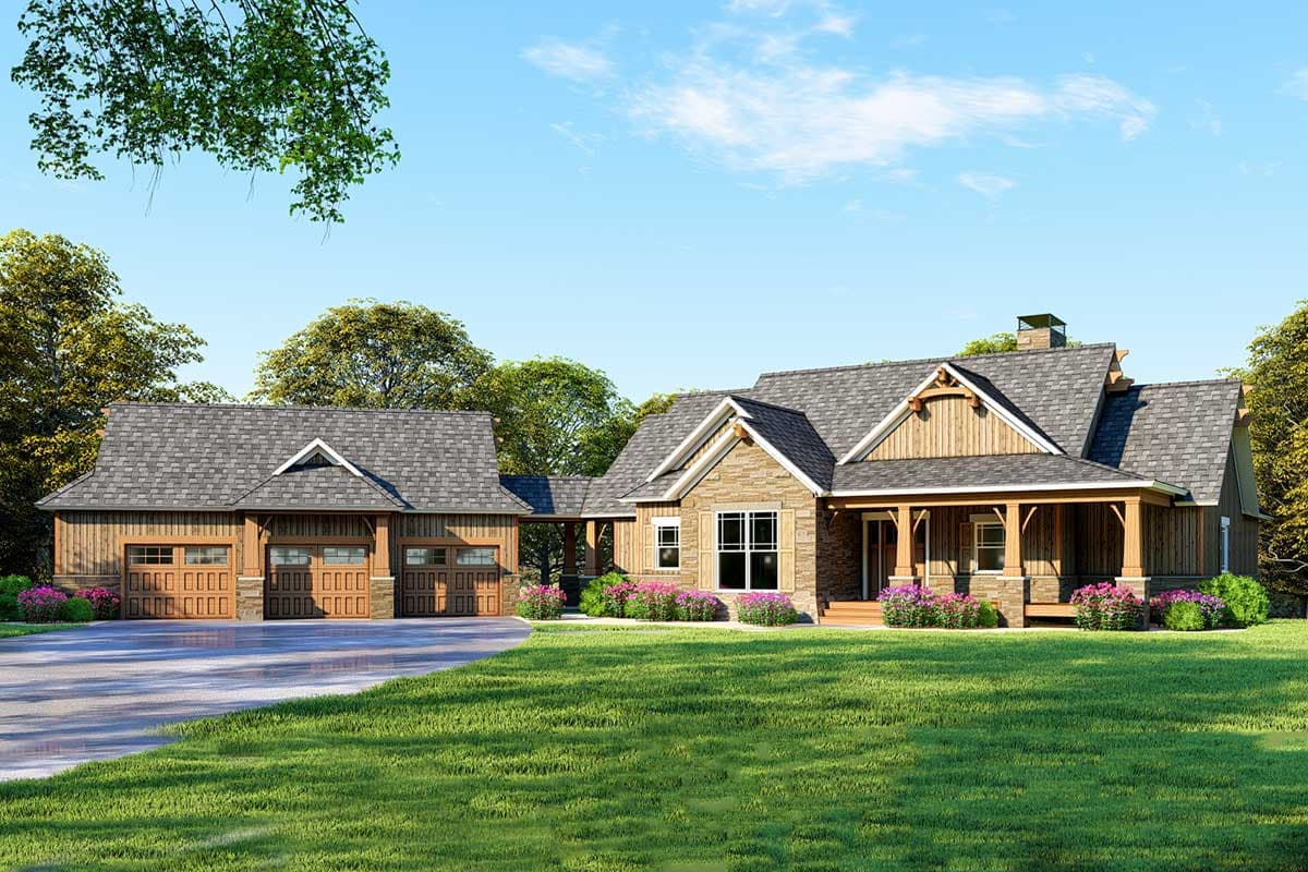 House plan exterior. Craftsman-style home with gabled roof, stone and wood siding, and covered porch. Features detached garage and dormer.