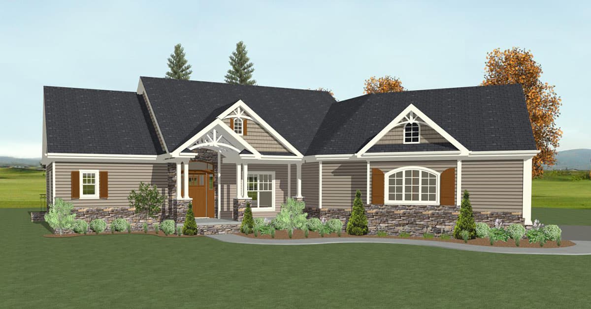 House plan exterior rendering: Single-story home with a covered entry porch, stone base, gable dormers, and multi-pane windows.