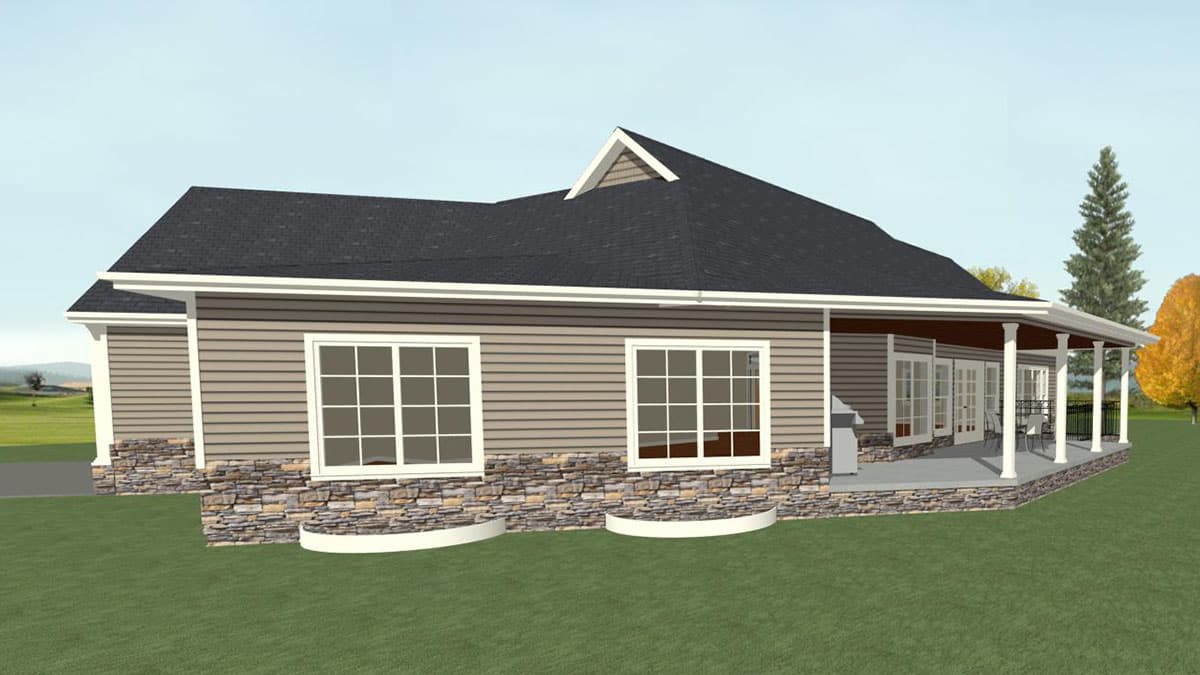 House plan exterior: single-story ranch with horizontal siding, stone foundation, multiple gables, and a covered rear porch.