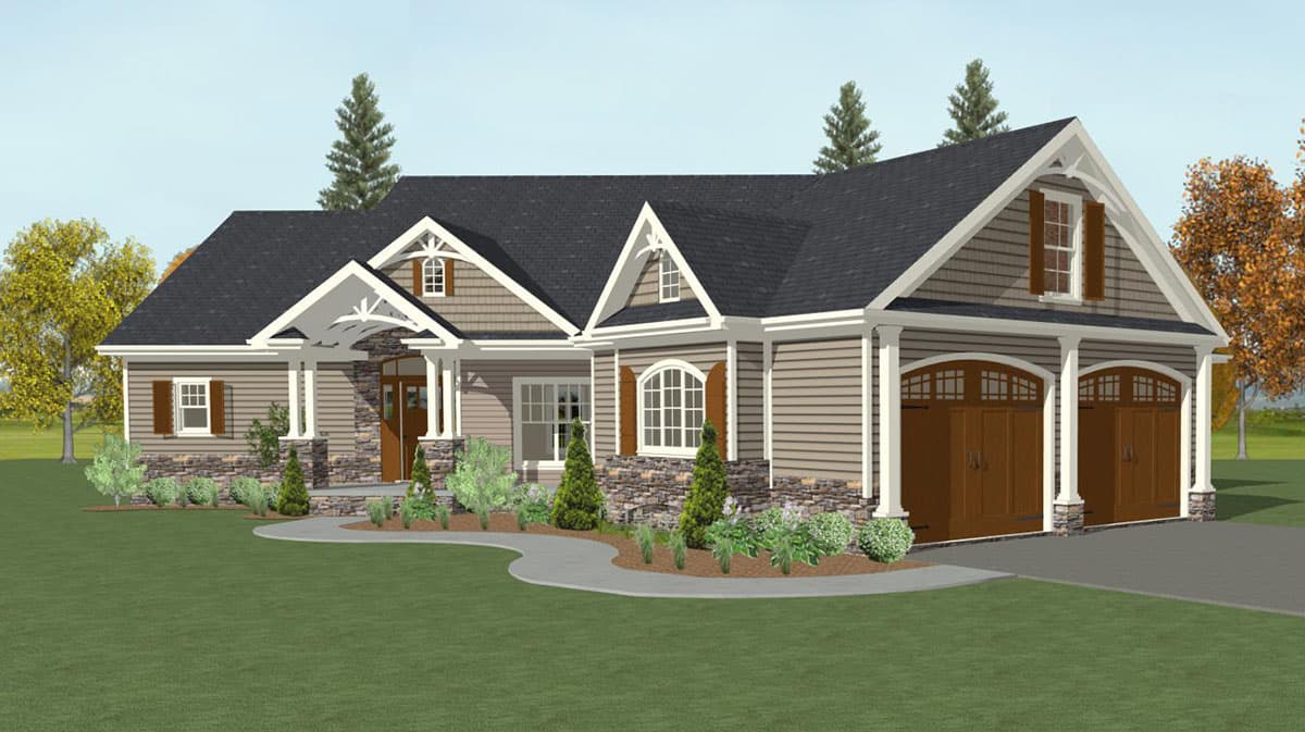 House plan exterior: Craftsman style, one story, prominent gables, stone accents, covered front porch, and a three-car garage.