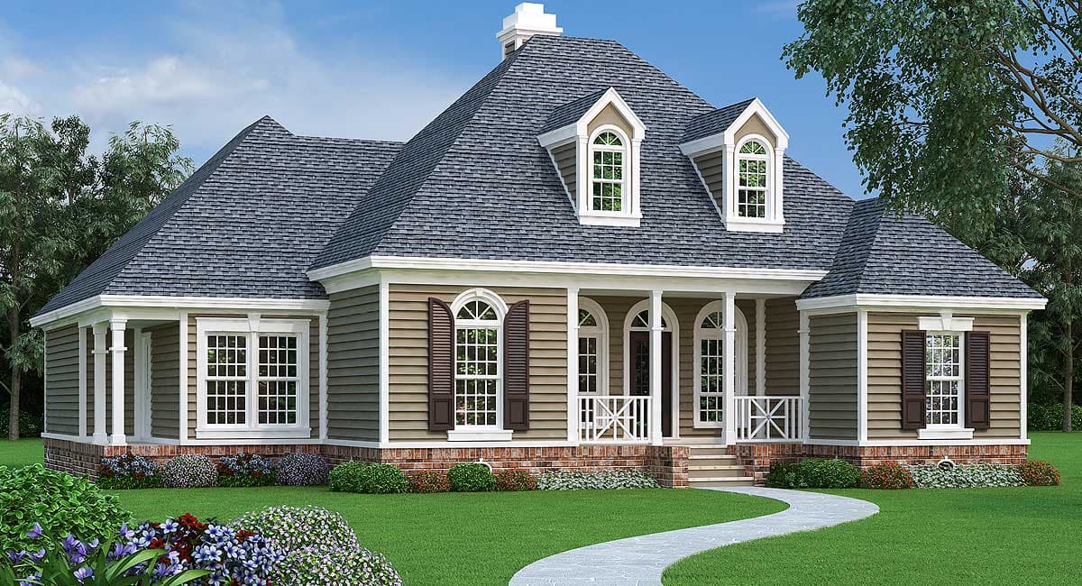 House plan exterior: One-story home with a covered front porch, dormers, and decorative shutters.