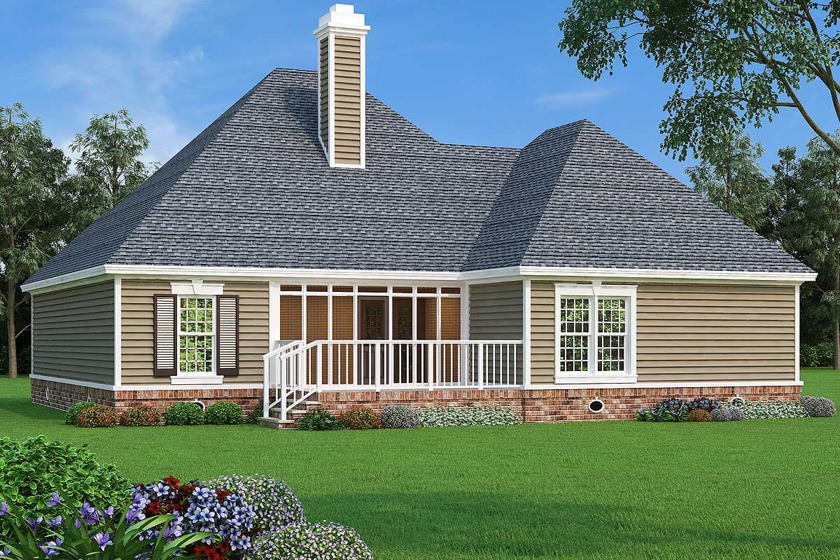House plan exterior of a one-story home with a hip roof, prominent chimney, covered porch, and double-hung windows.