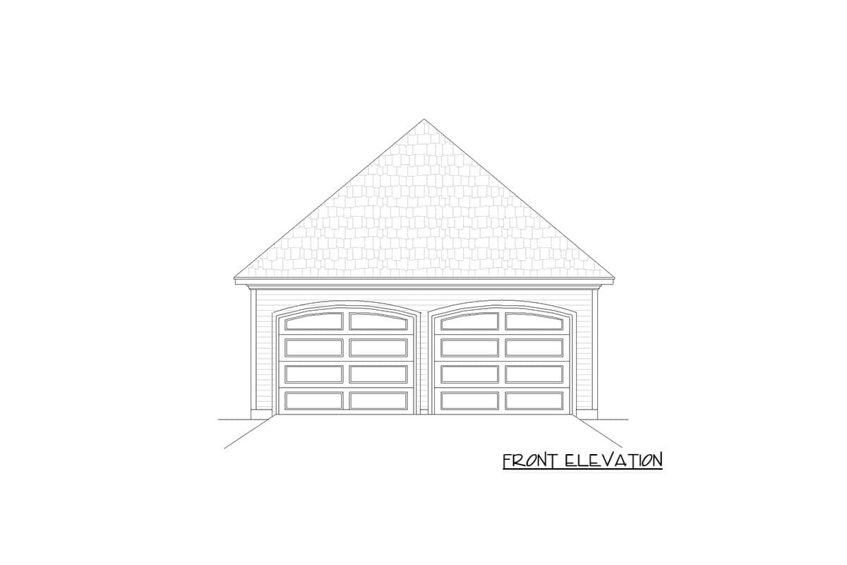 Front elevation drawing of a two-car garage with symmetrical arched panel garage doors and a steep gable roof.