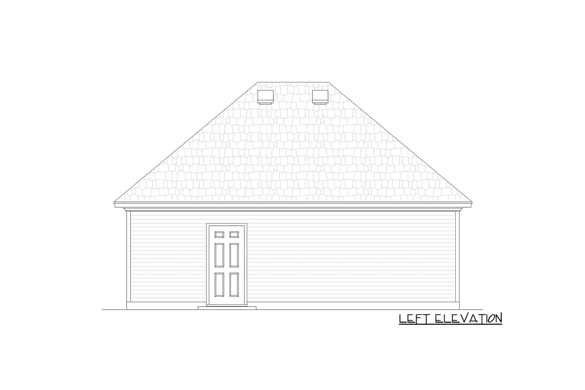 Left elevation drawing of house plan with horizontal siding, centered double door, and two dormers on a pitched roof.