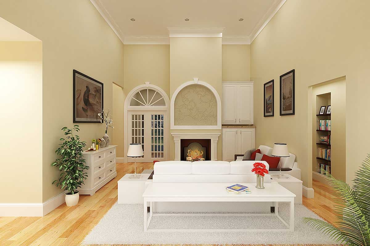 Living room rendering with fireplace, vaulted ceiling, arched doorway, and built-in cabinetry.