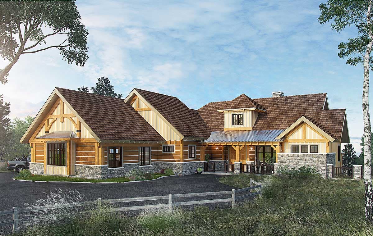 Log home exterior with stone foundation, timber framing in gables, covered front porch, and multiple rooflines. House plan.