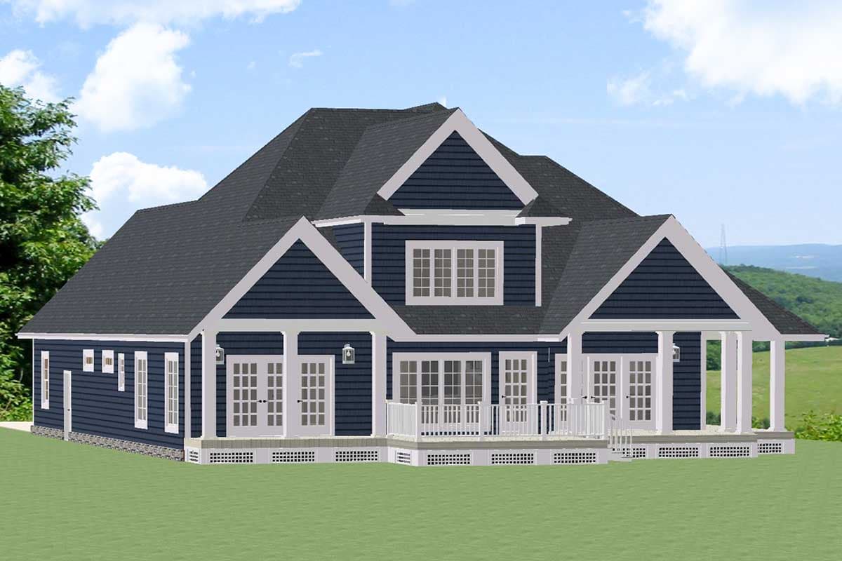 House plan exterior: Two-story home with gabled dormers, wraparound porch, and dual front doors.