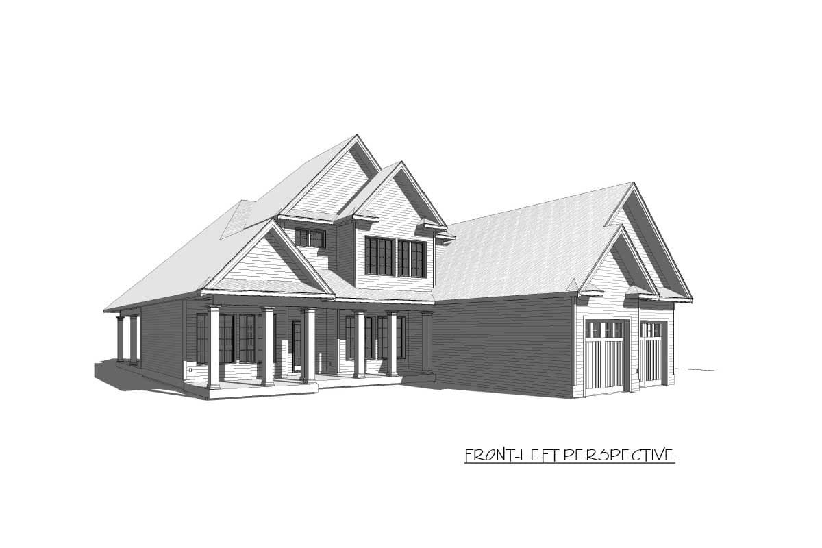 House plan exterior perspective of a two-story home with a covered porch and attached two-car garage.