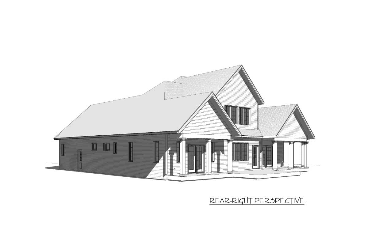 Rear-right perspective of a house plan featuring multiple gables, covered porches with columns, and horizontal siding.