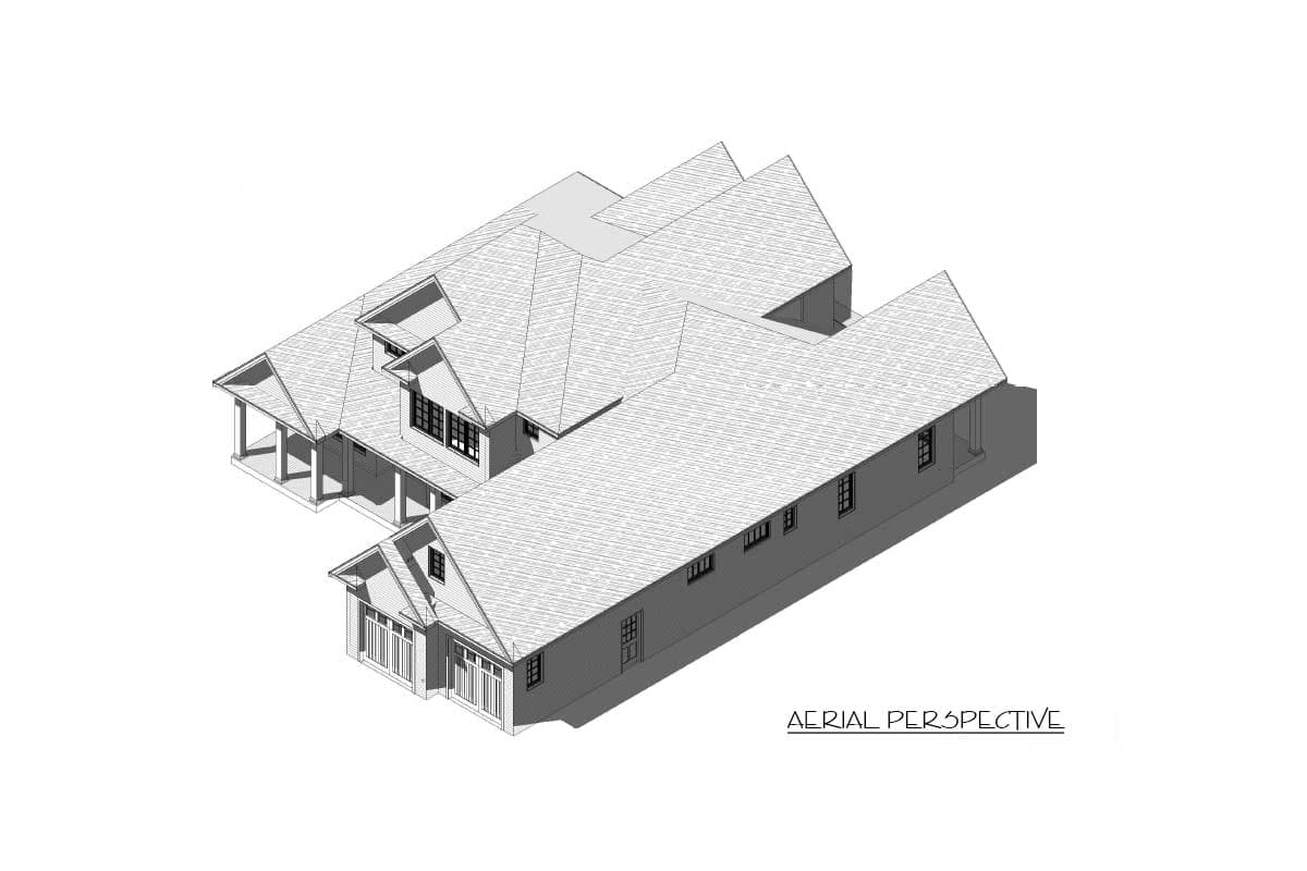 House plan exterior perspective showing a multi-story home with gables, dormers, a covered porch, and a three-car garage.