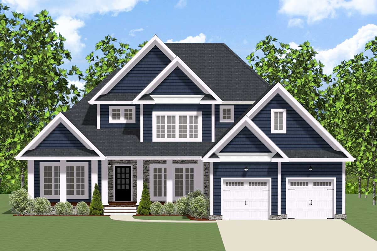 Two-story house plan exterior with hip roof, multiple gables, stone-accented entry, and a three-car garage.