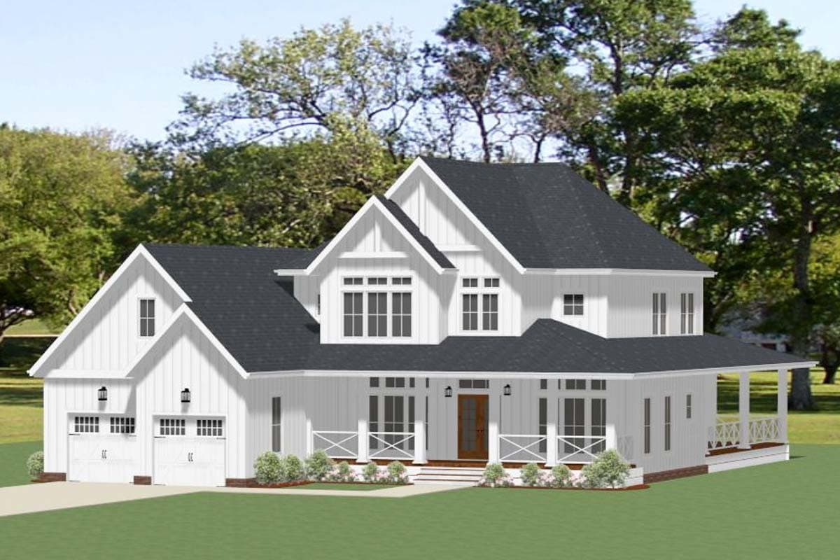 House plan exterior. Two-story Modern Farmhouse with gabled roof, covered porch, and garage with carriage-style doors. Board and batten siding.
