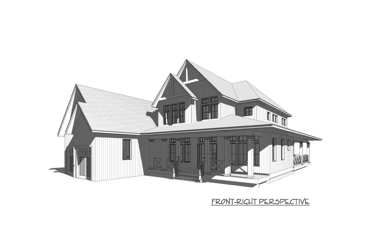 House plan exterior: Two-story Modern Farmhouse with wrap-around porch, prominent gables, and board-and-batten siding.
