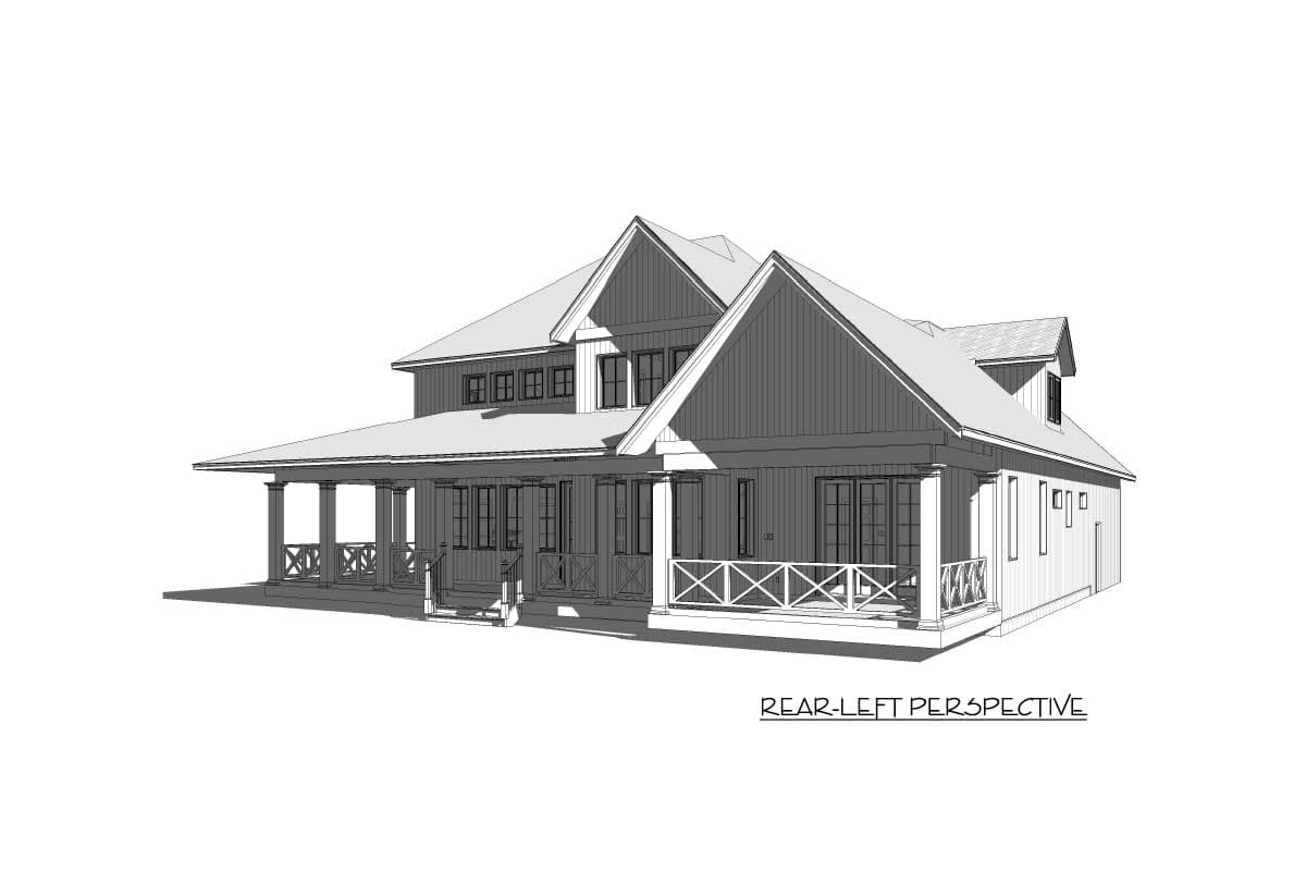 House plan exterior, two stories, wrap-around porch with X-braced railings, gables, and dormer.