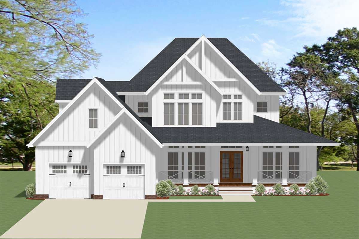Modern Farmhouse house plan exterior with two-car garage, covered front porch with railings, and prominent gables.