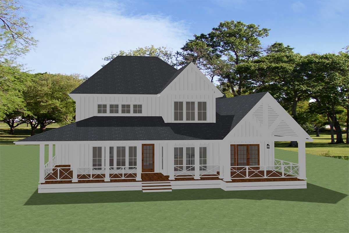Modern Farmhouse house plan exterior with a wraparound porch, gables, and board-and-batten siding.